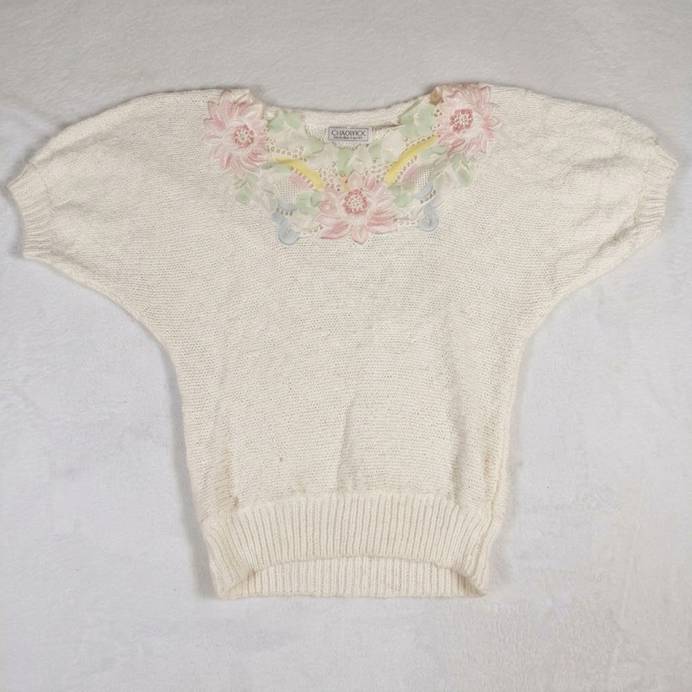 Vintage Chadwyck Womens Small Short Sleeve Sweater Floral Embroidered Lace Cream